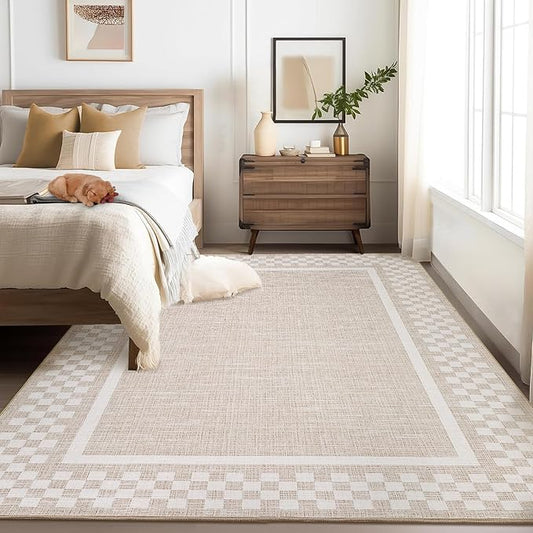 Small Bedroom Area Rug 3x5 Checkered Area Rug for Living Room Nursery Non Slip Kitchen Throw Carpet Low Pile Modern Bordered Rugs Washable Bathroom Mat Soft Brown Rugs for Laundry Entryway, Beige
