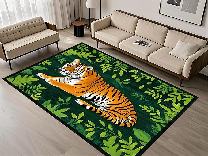 Tiger Rugs，5x8ft,Tiger and Green Leaf Print Rug for Living Room，A Colorful and Artistic Tiger Rug, Perfect for A Children's Play Area，Machine Washable Non-Slip Carpet Suitable for Bedroom and Study