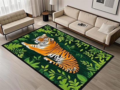 Tiger Rugs，5x7ft,Tiger and Green Leaf Print Rug for Living Room，A Colorful and Artistic Tiger Rug, Perfect for A Children's Play Area，Machine Washable Non-Slip Carpet Suitable for Bedroom and Study