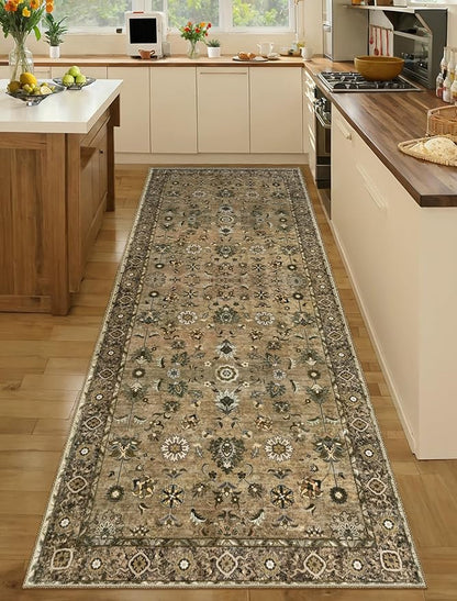 Tangsoo Brown 2.6x10 Hallway Runner Rugs, Washable Runner Rug for Hallways Non Slip, Floral Vintage Soft Low Pile 10ft Long Rug Runner, Indoor Carpet Runners for Living Room Kitchen Bedroom Entryway