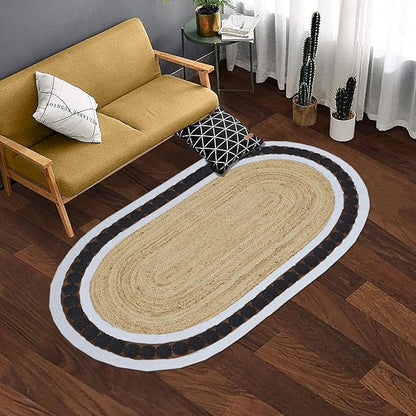 Flatweave Runner 2.6x8 Oval Kilim Jute Runner Hand Braided Jute Thick 0.27" Solid Pattern Black Beige Natural Oval Handmade Boho Indoor Outdoor Rugs for Kitchen Hallway Enterway