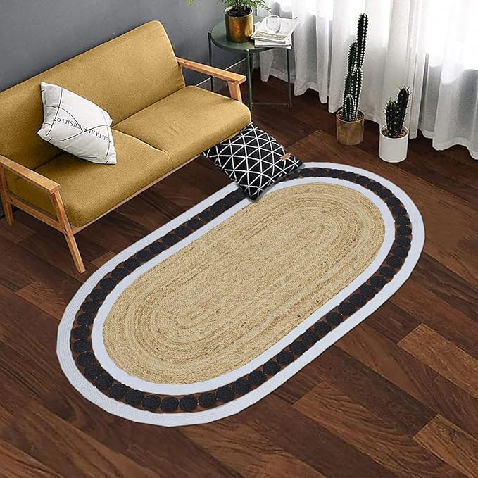 Flatweave Runner 2.6x10 Oval Kilim Jute Runner Hand Braided Jute Thick 0.27" Solid Pattern Black Beige Natural Oval Handmade Boho Indoor Outdoor Rugs for Kitchen Hallway Enterway
