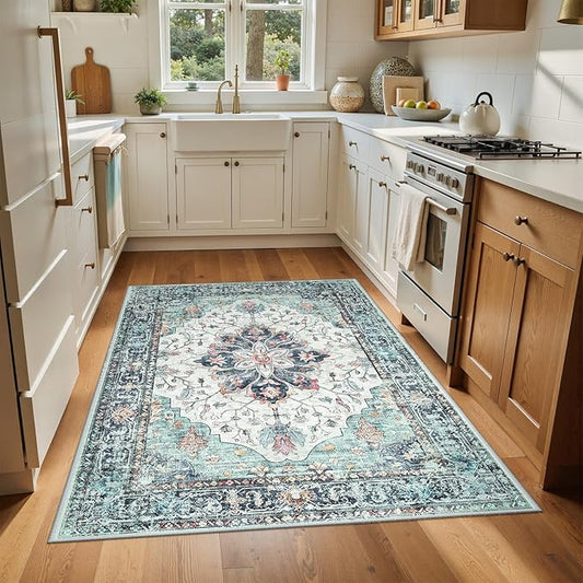 Area Rugs 4'x6' Washable Non-Slip, Floral Vintage Distress Print Pattern Medallion Carpet for Living Room Bedroom Dining Room, Green Navy Blue White Red Teal Colorful