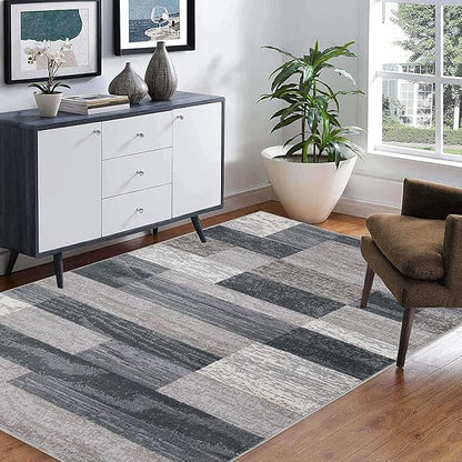 Superior Indoor Area Rug, Jute Backed, Modern Geometric Patchwork Floor Decor for Bedroom, Office, Living Room, Entryway, Hardwood Floors, Rockwood Collection, 3' x 5', Blue-Taupe