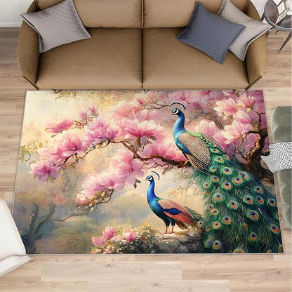 Peacock Magnolia Rug Small - 4x6 Rug, Pink Magnolia Washable Rugs for Living Room, Classic Carpet, Peafowl Non-Slip Area Rugs for Bedroom, Aesthetics Carpet - Peafowl Home Decor & Gifts