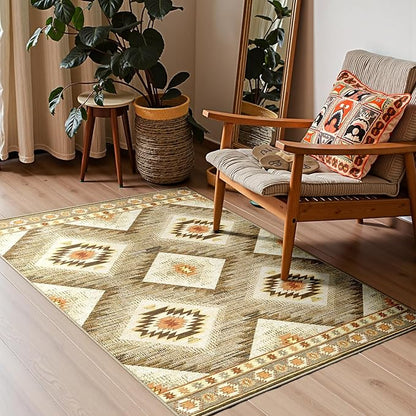 Area Rug 4x4 Rug Machine Washable Non-Slip Low Pile Print Pattern Western Rug for Living Room Bedroom Entryway Tribal Series -Cream/Camel