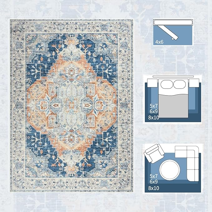 Large Area Rugs 8x10, Low Pile Washable Rugs, Soft Vintage Distressed Rugs for Living Room Bedroom, Office, Dining Room, Water Repellent & Non Shedding, Blue and Orange