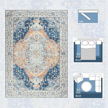 Large Area Rugs 9x12, Low Pile Washable Rugs - Soft Vintage Distressed Rugs for Living Room Bedroom, Office, Dining Room, Water Repellent & Non Shedding, Blue and Orange