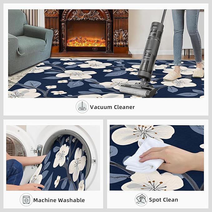 Boho Rugs for Bedroom - 5x6 Area Rug - Blue White Flowers Rugs for Living Room, Vintage Modern Flowers Rug, Washable Home Decor Carpet