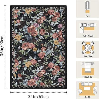 2x3 Machine Washable Area Rug for Entryway, Black Vintage Boho Floral Rug Non-Slip Low Pile Soft Faux Wool Small Carpet, Kids and Pets Friendly for Bedroom Kitchen Hallway Bedside Home Decor Rug