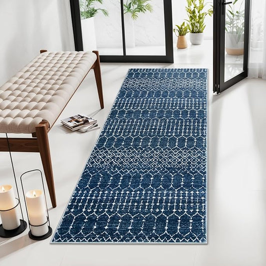 Lahome Moroccan Runner Rugs for Hallway 2x4 Bathroom Rugs Non-Slip Small Throw Kitchen Carpet Low-Pile Mat for Entryway Laundry Room Mat Geometric Indoor Carpert for Entrance Bath (Blue,2'x4')