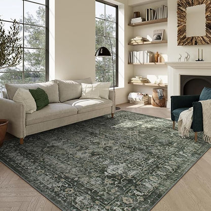 Lahome 6x9 Boho Green Area Rugs Washable Rugs for Living Room,Large Rugs for Bedroom Aesthetic,Distressed Non Slip Low Pile Dining Room Rug Carpet for Home Office Playroom(6'x9',Green)