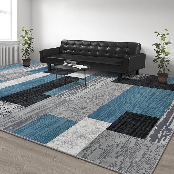 Large Area Rugs,Modern Geometric Patchwork Floor Decor for Bedroom Aesthetic Carpet, Rockwood Collection, Indoor Rugs for Living Room, Dining Room, Nursery, Office, Machine Washable Rug,8x10 Ft Blue