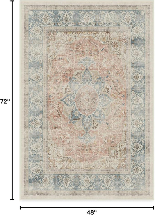 RUGGABLE Washable Vintage Area Rug – Sarrah Coral 4x6, Stain-Resistant, Non-Slip – Medium Machine Washable Rugs for Living Room, Bedroom, Hallway, Entryway & Office–with Cushioned Pad