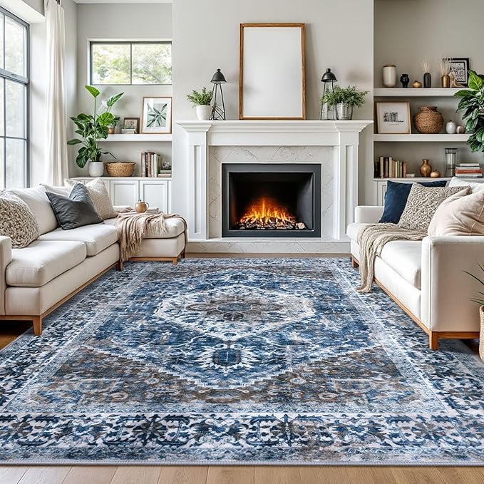 KOZYFLY Boho Area Rug 9x12 Ft Thin Rugs for Living Room Washable Bedroom Rug Non Slip Rugs for Living Room Blue Printed Faux Wool Vintage Bedroom Rug Floor Carpet for Dining Room
