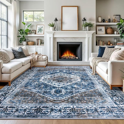 KOZYFLY Boho Area Rug 9x12 Ft Thin Rugs for Living Room Washable Bedroom Rug Non Slip Rugs for Living Room Blue Printed Faux Wool Vintage Bedroom Rug Floor Carpet for Dining Room