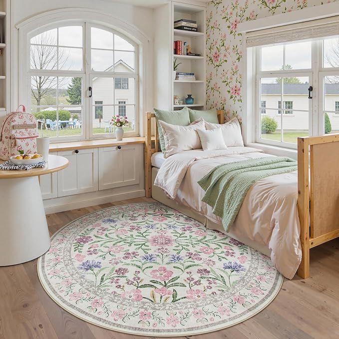 Wonnitar Floral Washable Round Rugs 6ft, Purple Circle Rugs for Bedroom Girls Dorm, Ultra-Thin Non Slip Boho Carpet for Nursery Girls Room Decor Living Room Playroom, Light Purple/Pink