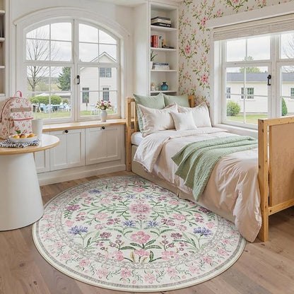Wonnitar Floral Washable Round Rugs 6ft, Purple Circle Rugs for Bedroom Girls Dorm, Ultra-Thin Non Slip Boho Carpet for Nursery Girls Room Decor Living Room Playroom, Light Purple/Pink