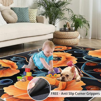 3x5 Poppy Dorm Rug - Retro Florals Art Small Rugs for Bedroom, Rustic Flowers Art Area Rug Washable Non Slip for Bedroom Kitchen Living Room Entryway