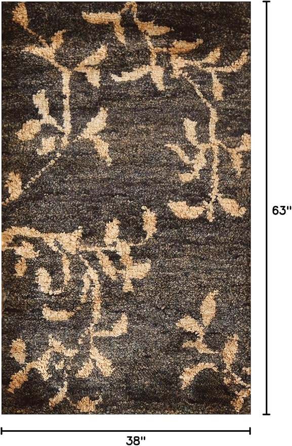 Rug Source Modern Collection Size 3x5 Abstract Area Rug, Hand-Knotted/Hand-Woven Black Floral/Nature Print Rug, Oriental Jute Carpet for Foyer, Entryway, Hallway