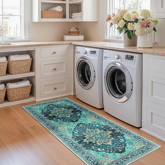 Area Rugs 2'x5' Washable Non-Slip, Floral Vintage Distress Print Pattern Medallion Carpet for Living Room Bedroom Dining Room, Teal Green Lake Blue Turquoise