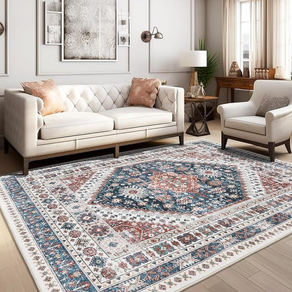 zesthome 9x12 Area Rugs,Stain Resistant Washable Rug,Ultra-Thin Rugs for Living Room,Bedroom,Non-Slip Backing Home Decor Large Area Rug (Navy Blue/Red,9'x12')