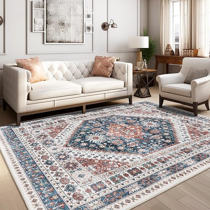 zesthome 6x9 Area Rug, Super Soft Washable Rugs for Living Room, Non-Slip Stain Resistant Vintage Rugs, Ultra-Thin Large Area Rugs (Navy Blue/Red,6'x9')