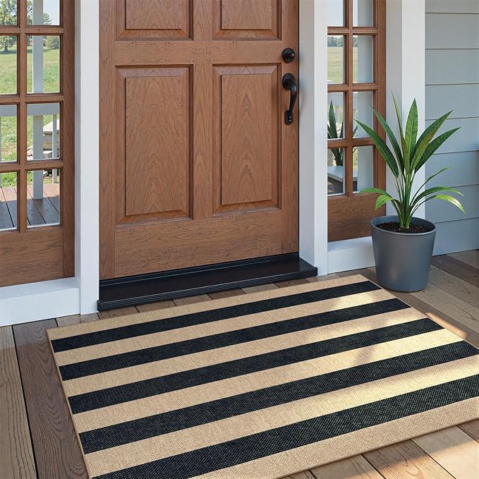 Lahome Striped Easy Jute Outdoor Patio Rug, 3x5 Washable Rugs for Entryway Porch, Farmhouse Neutral Non Shedding Indoor Outdoor Carpet for Entry Kitchen Guestroom Deck Foyer