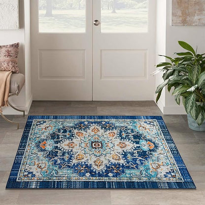 Easy-Going Area Rug 4x6 Washable Boho Rugs for Living Room Non-Slip Bedroom Rug Low Pile Lightweight Tangerine Vintage Throw Rug for Dining Room Kitchen Home Office Carpet, Floral Aqua Yellow