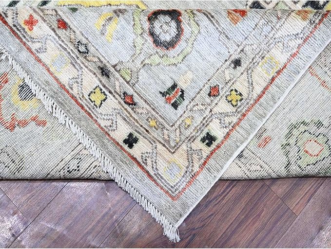 Goose Gray Afghan Angora Oushak with All Over Colorful Pattern Vegetable Dyes Organic Wool Hand Knotted Square Oriental Rug (11'9"x11'9")