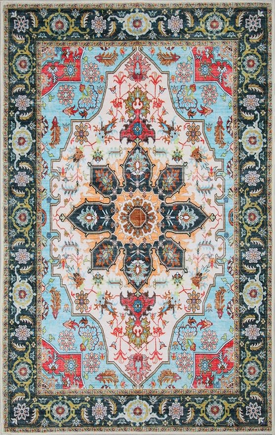 WILLSUN Washable Area Rugs, 2x3 Non-Slip Boho Small Area Rugs for Entryway, Kitchen, Bathroom, Machine Washable Vintage Rug, Indoor Floral Print Carpet for Home Decor, Kid & Pet Friendly Mat