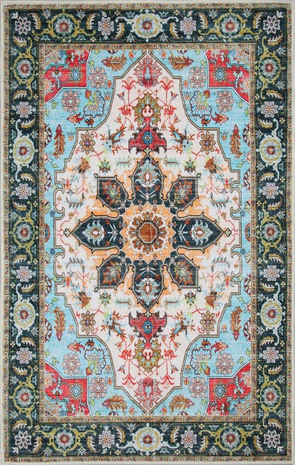 WILLSUN Washable Area Rugs, 5x7 Non-Slip Boho Large Area Rugs for Living Room, Bedroom, Machine Washable Vintage Rug, Indoor Floral Print Carpet for Home Decor, Kid & Pet Friendly Mat