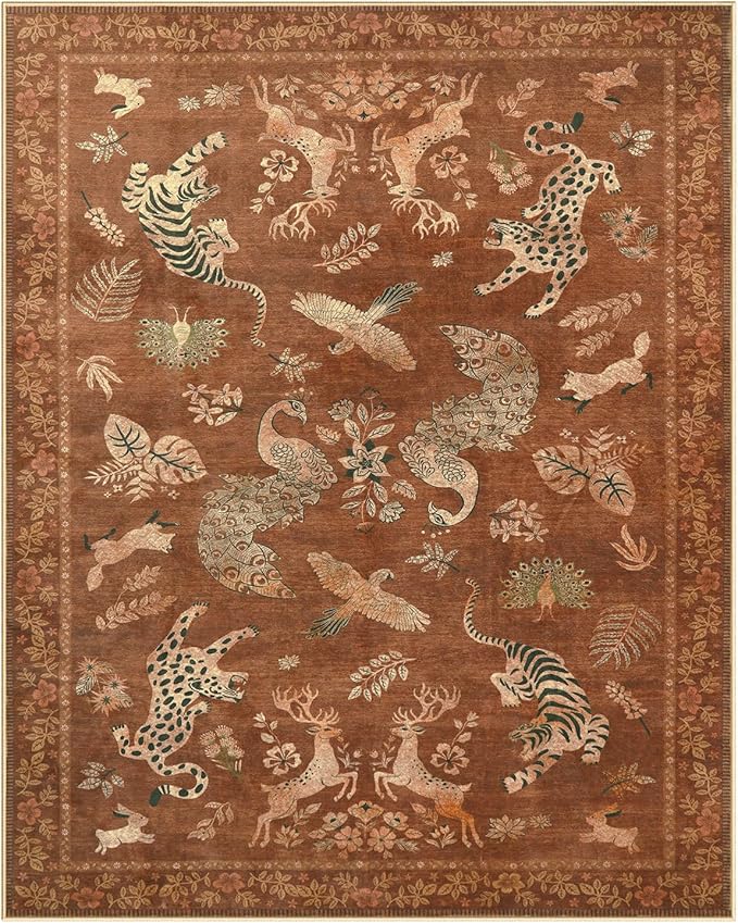 Moynesa Orange 8x10 Living Room Rugs, Vintage Peacock Floral Washable Area Rugs for Bedroom Dining Room Office Study, Low Pile Soft Non-Slip Easy Care Carpets for Fall Winter Home Decor
