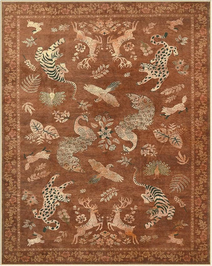 Moynesa Orange 8x10 Living Room Rugs, Vintage Peacock Floral Washable Area Rugs for Bedroom Dining Room Office Study, Low Pile Soft Non-Slip Easy Care Carpets for Fall Winter Home Decor