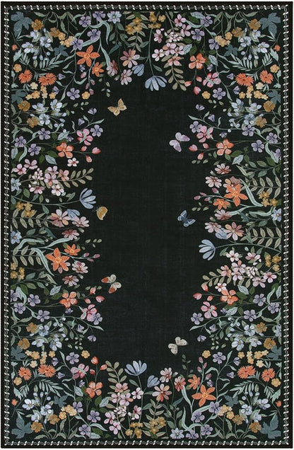 Wonnitar Washable 6x9 Area Rugs, Floral Print Large Living Room Rug, Non-Slip Soft Black Rugs for Bedroom, Ultra-Thin Vintage Botanical Rugs Carpet for Dining Room Guest Room (Black,6'x9')