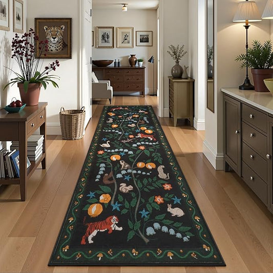 Collive Kitchen Runner Rugs Non Slip, 2.6x8ft Jungle Animal Washable Carpet Runners for Hallway Bathroom, Soft Bedroom Rug Black Ultra Thin Indoor Mats for Entryway, Laundry Room, Bedside