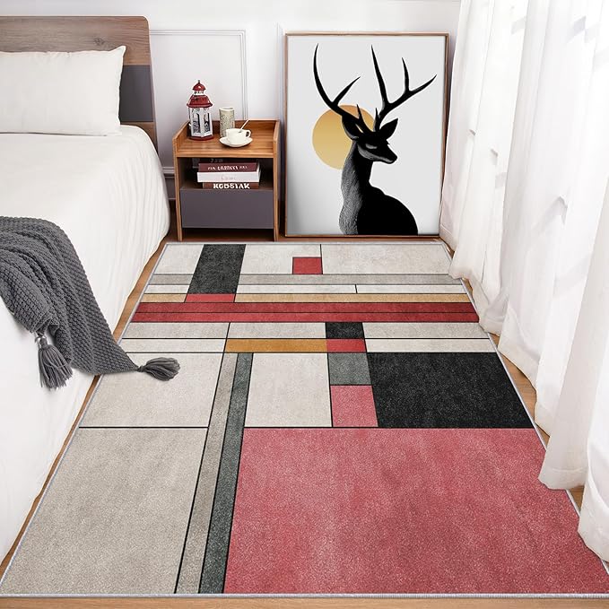 5x7 Abstract Geometric Rugs for Bedroom Decor, Washable Black White Red Geometry Pattern Area Rug, Living Room Home Decoration, Non Slip Soft Thin, Minimalist Modern Decor Carpet PF-P 49