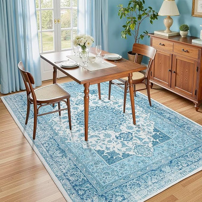 6x9 Area Rug for Bedroom, Machine Washable Rugs with Non-Slip Backing for Living Room, Large Vintage Carpet Kitchen Laundry Kids Room Decor, Celestial Blue