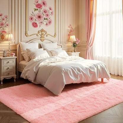 Zentavio Pink Rugs for Girls Room 5x8 Area Rugs for Living Room Cute Carpet for Bedroom Washable Soft Fluffy Shag Aesthetic Plush High Pile Throw Rug for Nursery Kids Room Dorm Room