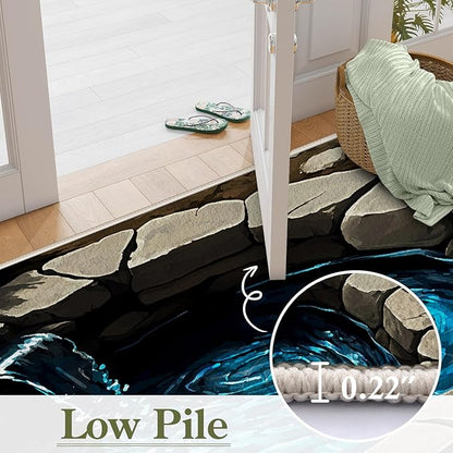 3D Well Waterfall Bedroom Carpet, 4x5ft, Visual Illusion Deep Hole Entrance Rug, Huge Stone Cracks Non-Slip Rugs, Cozy Breathable with Non Slip Backing Mat for Indoor Bedside