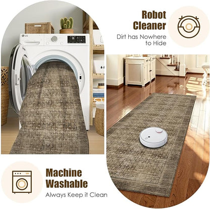 Washable Area Rug 2'6'' x 8' Vintage Traditional Persian Mat - Foldable Distressed Non-Slip Machine Washable Carpet for Living Room Bedroom Kitchen Home Decor - Mocha and Taupe