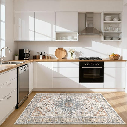 4x6 Area Rugs Washable Rug: Boho Large Neutral Vintage Soft Rug Stain Resistant Distressed Farmhouse Non-Slip Indoor Floor Carpet for Bedroom Entryway Nursery Kids Office Dining Room- Beige Blue