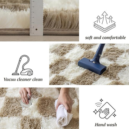 6x9 Area Rugs for Living Room Bedroom, Soft Fluffy Shaggy Bedside Rug, Indoor Floor Carpet for Kids Playroom, Dorms, Nursery Rooms, Home Decor (Camel & White 6'x9')