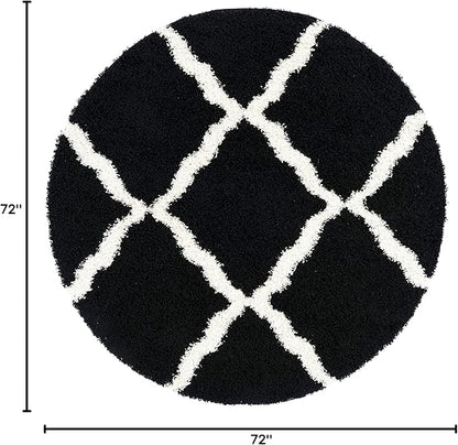 SAFAVIEH Dallas Shag Collection Area Rug - 6' Round, Black & Ivory, Trellis Design, Non-Shedding & Easy Care, 1.5-inch Thick Ideal for High Traffic Areas in Living Room, Bedroom (SGD257Z)