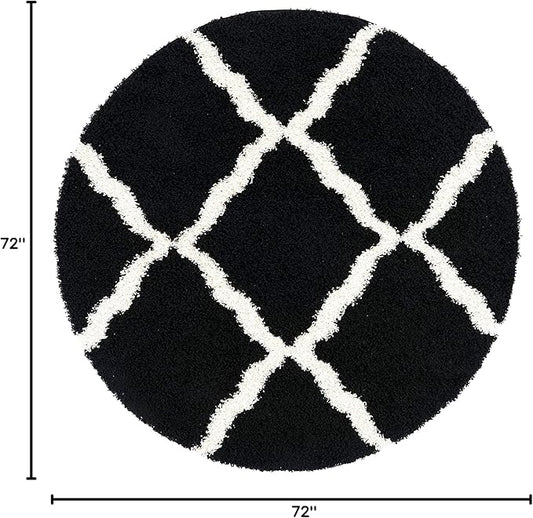 SAFAVIEH Dallas Shag Collection Area Rug - 6' Round, Black & Ivory, Trellis Design, Non-Shedding & Easy Care, 1.5-inch Thick Ideal for High Traffic Areas in Living Room, Bedroom (SGD257Z)