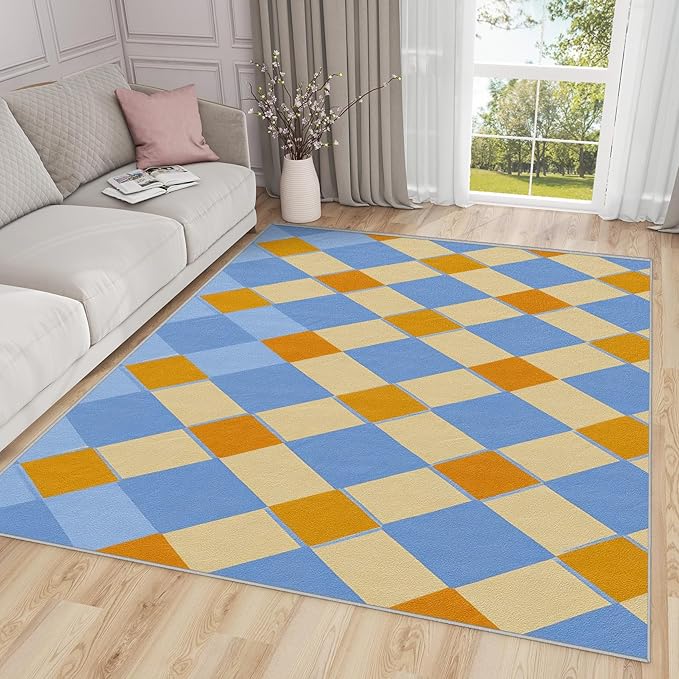 4x6 Rug Washable - Checkerboard Rug for Bedroom, Retro Geometric Non Slip Low Pile Area Rugs for Living Room Laundry, Checkerboard Carpet Room Decor & Gifts