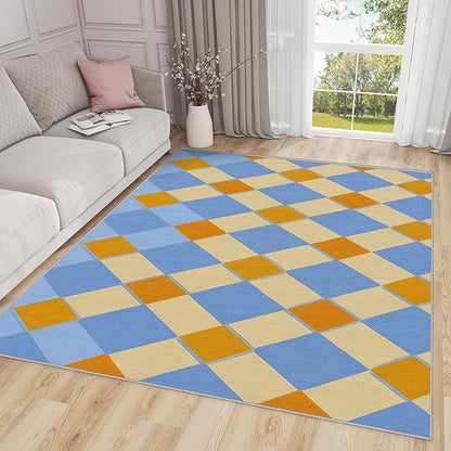 6x9 Rug Washable - Checkerboard Rug for Bedroom, Retro Geometric Non Slip Low Pile Area Rugs for Living Room, Checkerboard Carpets Home Decor & Gifts