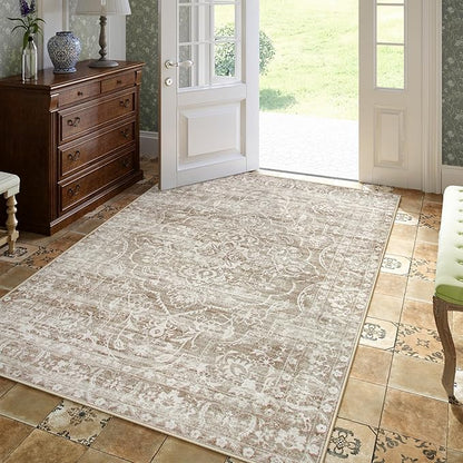 Lahome 4x6 Area Rug Living Room - Washable Office Rug Soft Dorm Rugs for Bedroom Non-Slip Ultra-Thin,Neutral Boho Print Farmhouse Indoor Rug for Entryway Classroom Taupe, 4'x6'