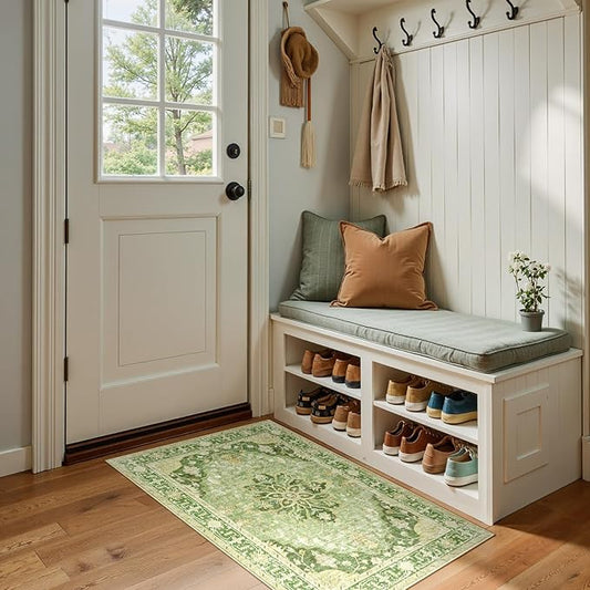 Area Rugs 2'x4' Washable Non-Slip, Floral Vintage Distress Print Pattern Medallion Carpet for Living Room Bedroom Dining Room, Sage Green Yellow