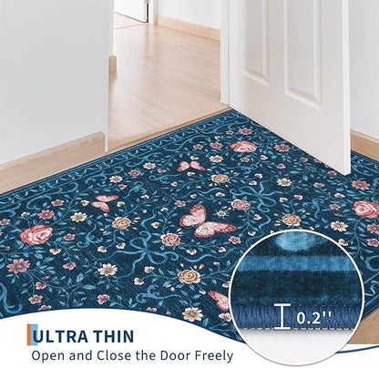 GarveeHome Area Rugs 9x12 Living Room Floral Rugs Non Slip Washable Large Bedroom Throw Carpet Stain Resistant Low Pile Blue Bow Rugs Soft Boho Bow and Flower Carpets for Nursery Home Decor, 9x12